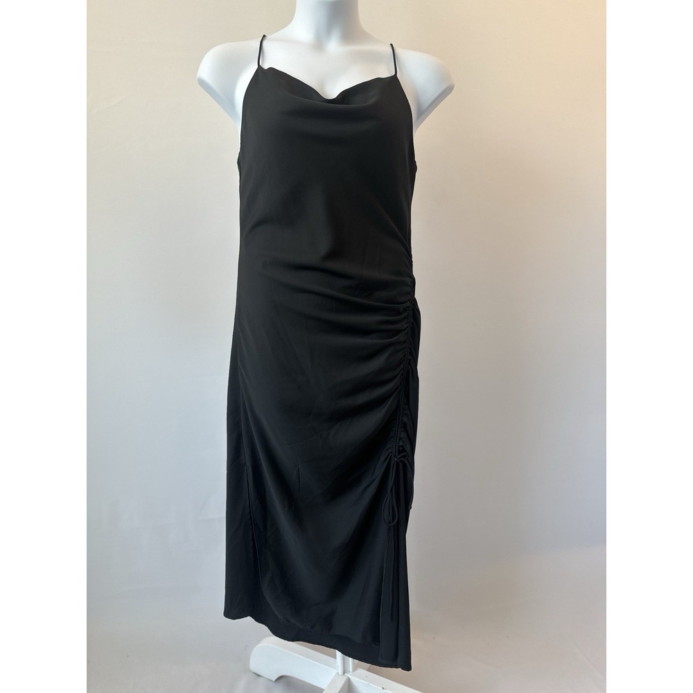 Zara Black Black Side Ruched Midi Cocktail LBD Bodycon Sz M (b65) Sexy